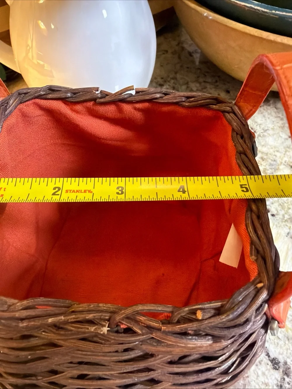 Wicker Basket Orange Cloth Lining Leather Straps Brass Hardware Small Decor